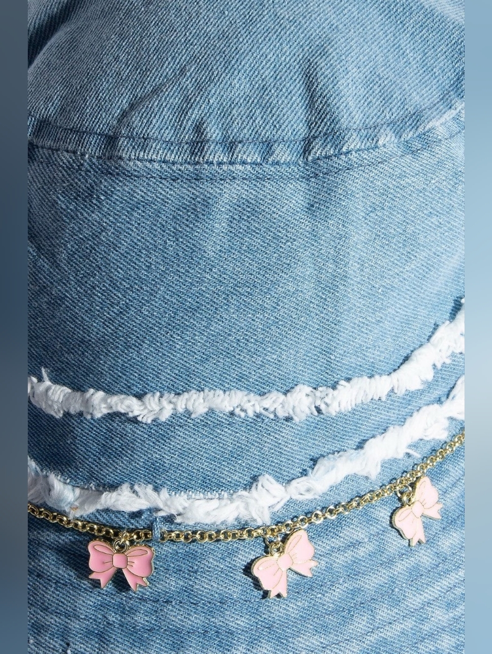 Frayed Denim Trim Ribbon Bow Charms Bucket Hat - Picture 3 of 5